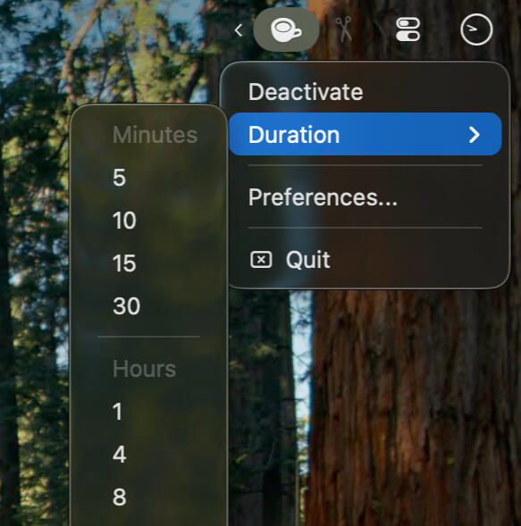 Coca - Status Item Menu The Coca Menu with Quick Options to Adjust
